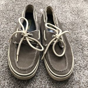 Men’s Sperry Top Sider gray canvas boat shoes. Size 8M. Decent shape.
